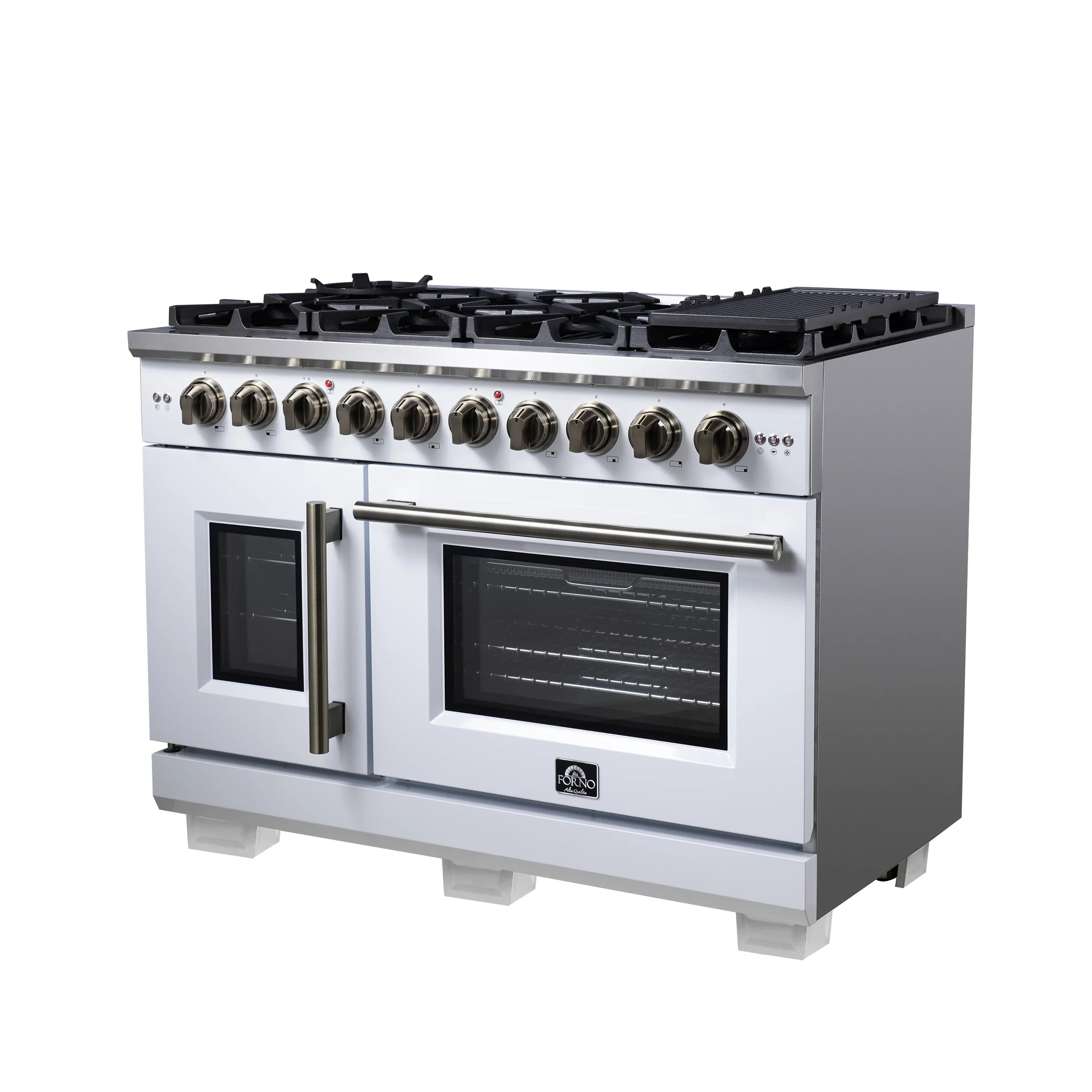 Forno Capriasca 48-Inch Freestanding French Door Gas Range with 8 Burners and 6.58 Cu.Ft. Convection Oven in White with Antique Brass Handle (FFSGS6460-48WHT)