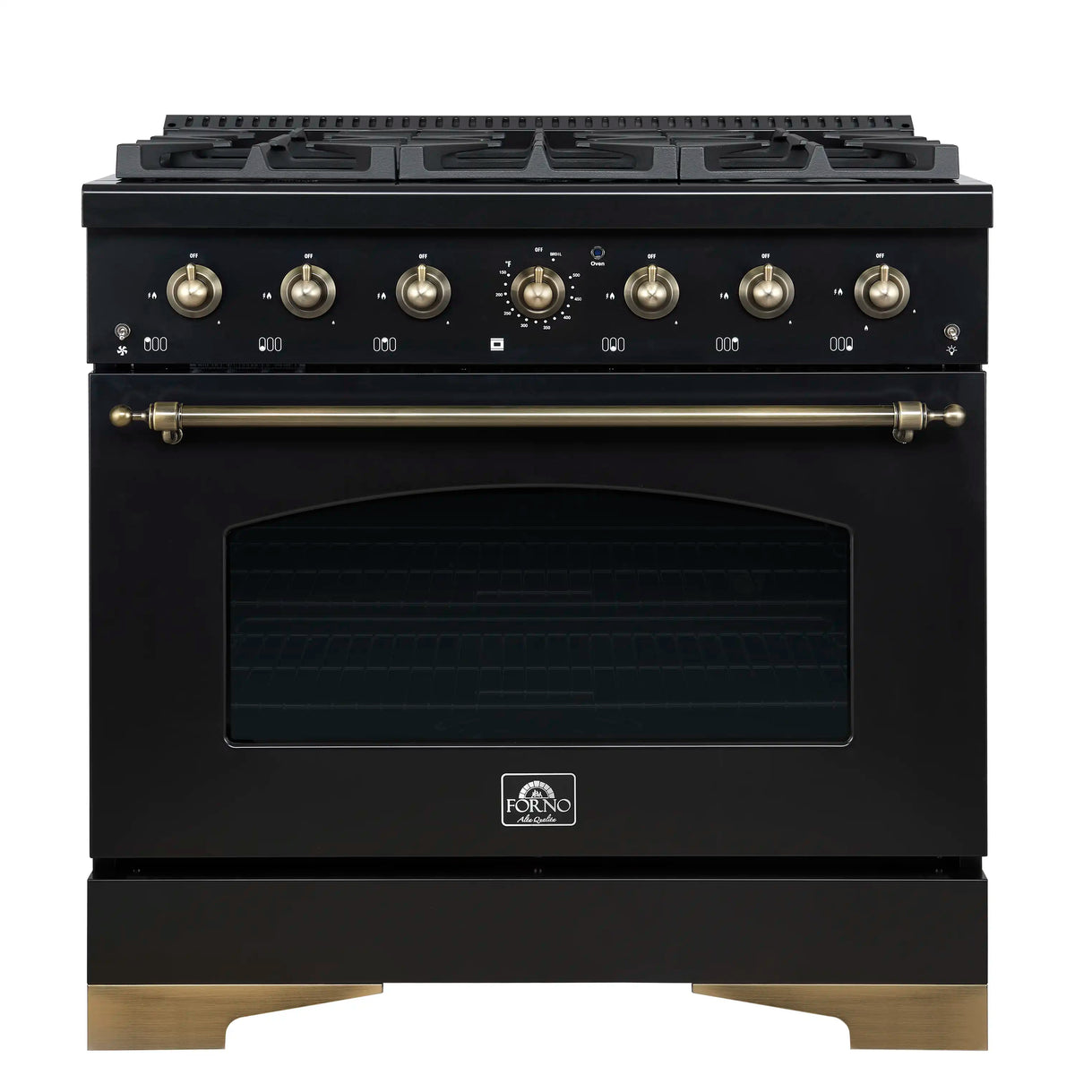 Forno 4-Piece Appliance Package - 36-Inch Gas Range, 60-Inch Convertible Refrigerator with Modern Trim, Dishwasher, and 30-Inch Microwave Drawer in Black with Antique Brass Trim