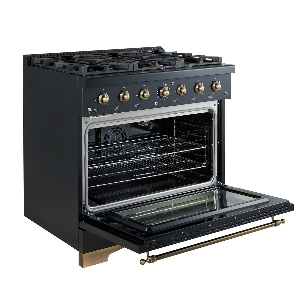 Forno 4-Piece Appliance Package - 36-Inch Gas Range, Wall Mount Range Hood, 60-Inch Convertible Refrigerator with Modern Grille Trim, and Dishwasher in Black with Antique Brass Trim