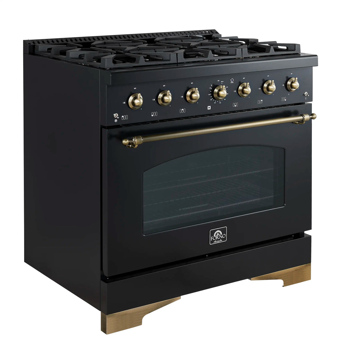 Forno 4-Piece Appliance Package - 36-Inch Gas Range, Wall Mount Range Hood, 60-Inch Convertible Refrigerator with Modern Grille Trim, and Dishwasher in Black with Antique Brass Trim