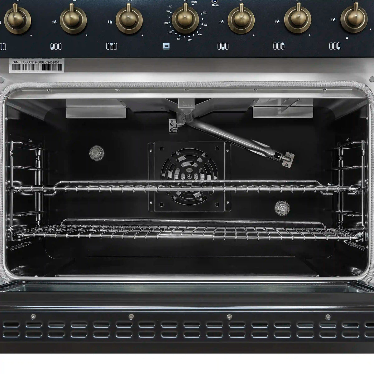Forno 4-Piece Appliance Package - 36-Inch Gas Range, Wall Mount Range Hood, 60-Inch Convertible Refrigerator with Modern Grille Trim, and Dishwasher in Black with Antique Brass Trim