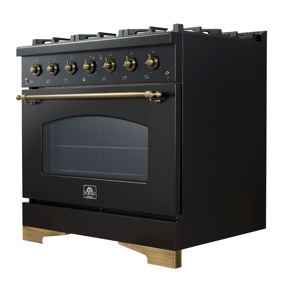 Forno 4-Piece Appliance Package - 36-Inch Gas Range, Wall Mount Range Hood, 60-Inch Convertible Refrigerator with Modern Grille Trim, and Dishwasher in Black with Antique Brass Trim