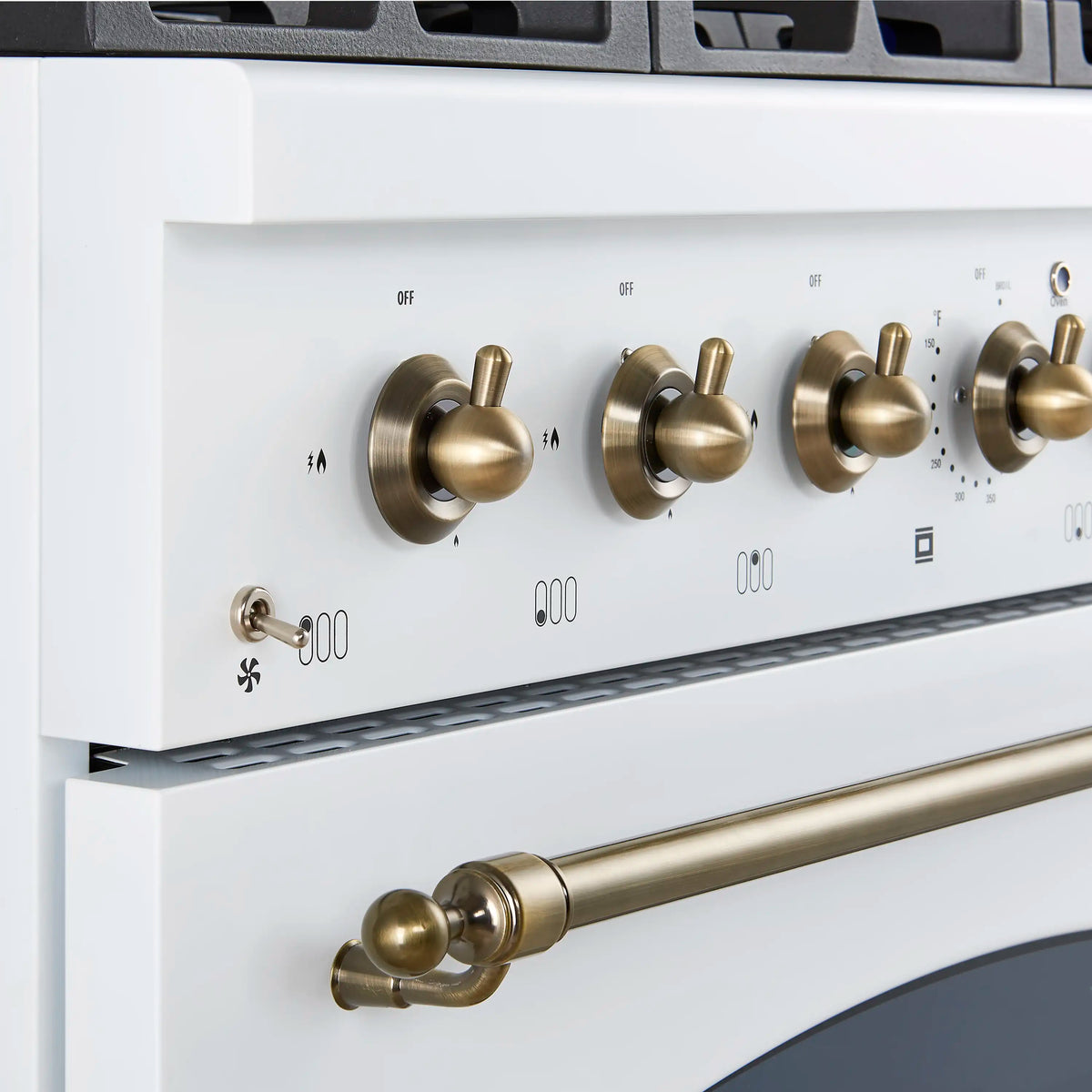 Forno 4-Piece Appliance Package - 36-Inch Dual Fuel Range, 60-Inch Refrigerator, Dishwasher, & 24-Inch Microwave Drawer in White with Antique Brass Trim