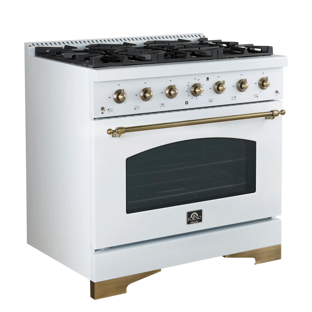 Forno 4-Piece Appliance Package - 36-Inch Dual Fuel Range, 60-Inch Refrigerator, Dishwasher, & 24-Inch Microwave Drawer in White with Antique Brass Trim