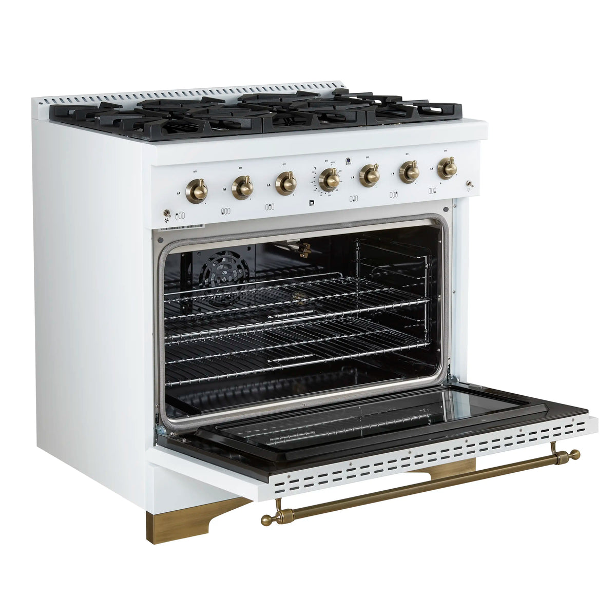 Forno 4-Piece Appliance Package - 36-Inch Dual Fuel Range, 60-Inch Refrigerator, Dishwasher, & 24-Inch Microwave Drawer in White with Antique Brass Trim
