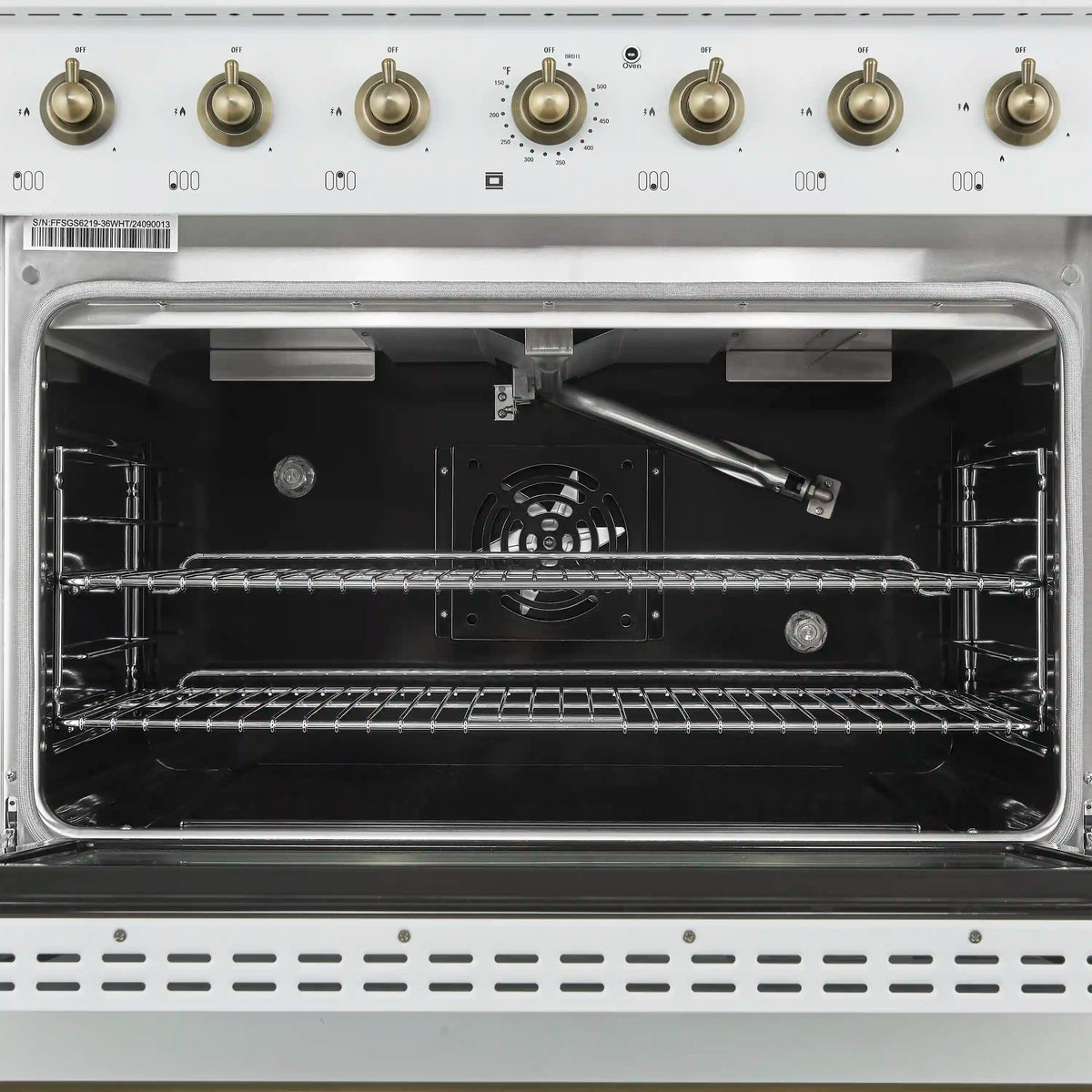 Forno 4-Piece Appliance Package - 36-Inch Dual Fuel Range, 60-Inch Refrigerator, Dishwasher, & 24-Inch Microwave Drawer in White with Antique Brass Trim