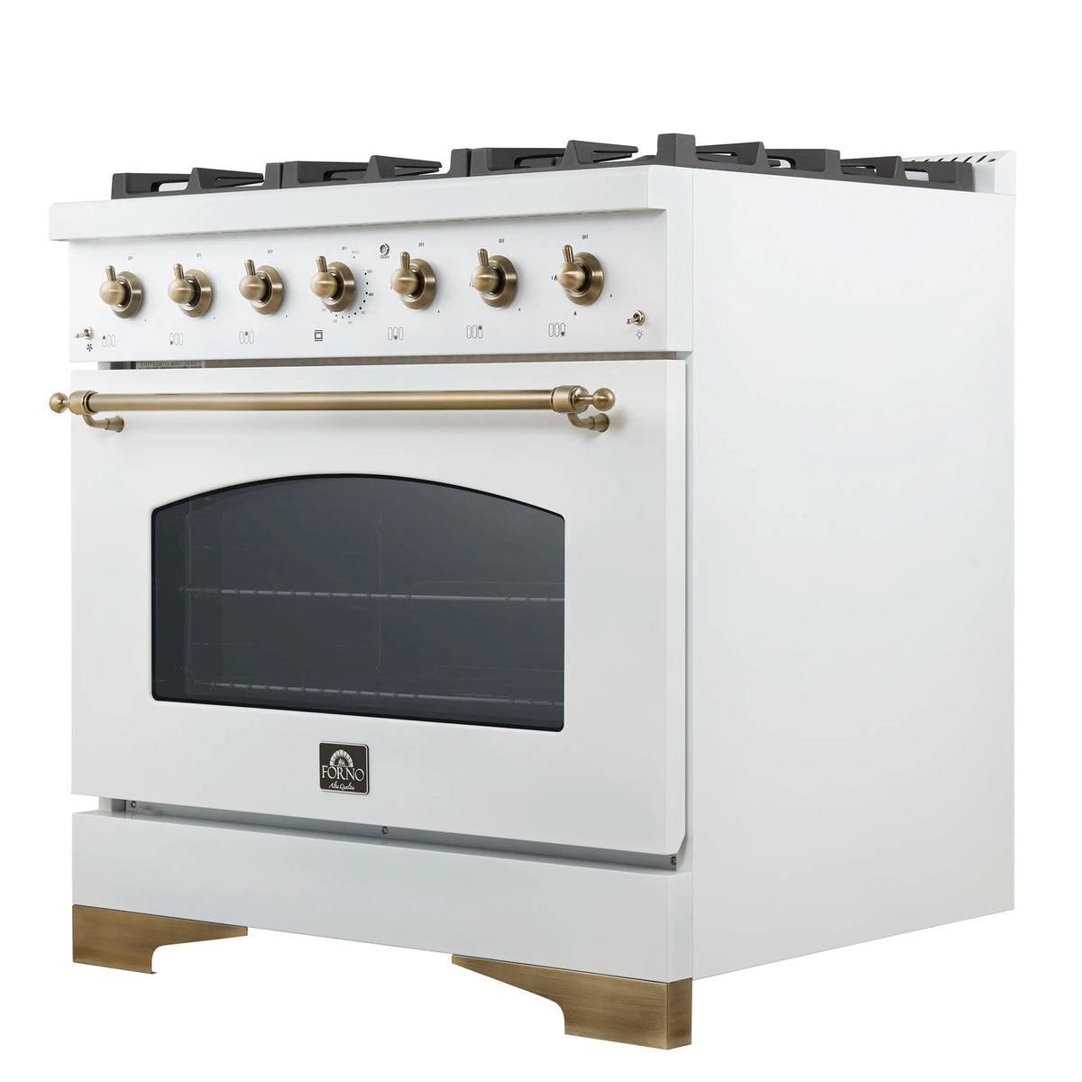 Forno 4-Piece Appliance Package - 36-Inch Dual Fuel Range, 60-Inch Refrigerator, Dishwasher, & 24-Inch Microwave Drawer in White with Antique Brass Trim