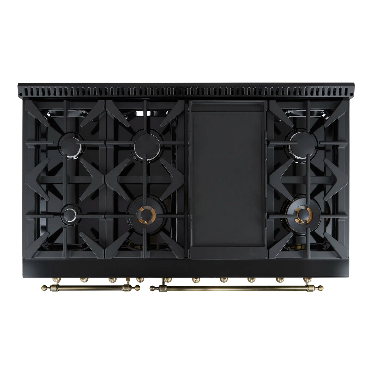 Forno 3-Piece Appliance Package - 48-Inch Gas Range, 60-Inch Convertible Refrigerator with Modern Trim, and Dishwasher in Black with Antique Brass Trim
