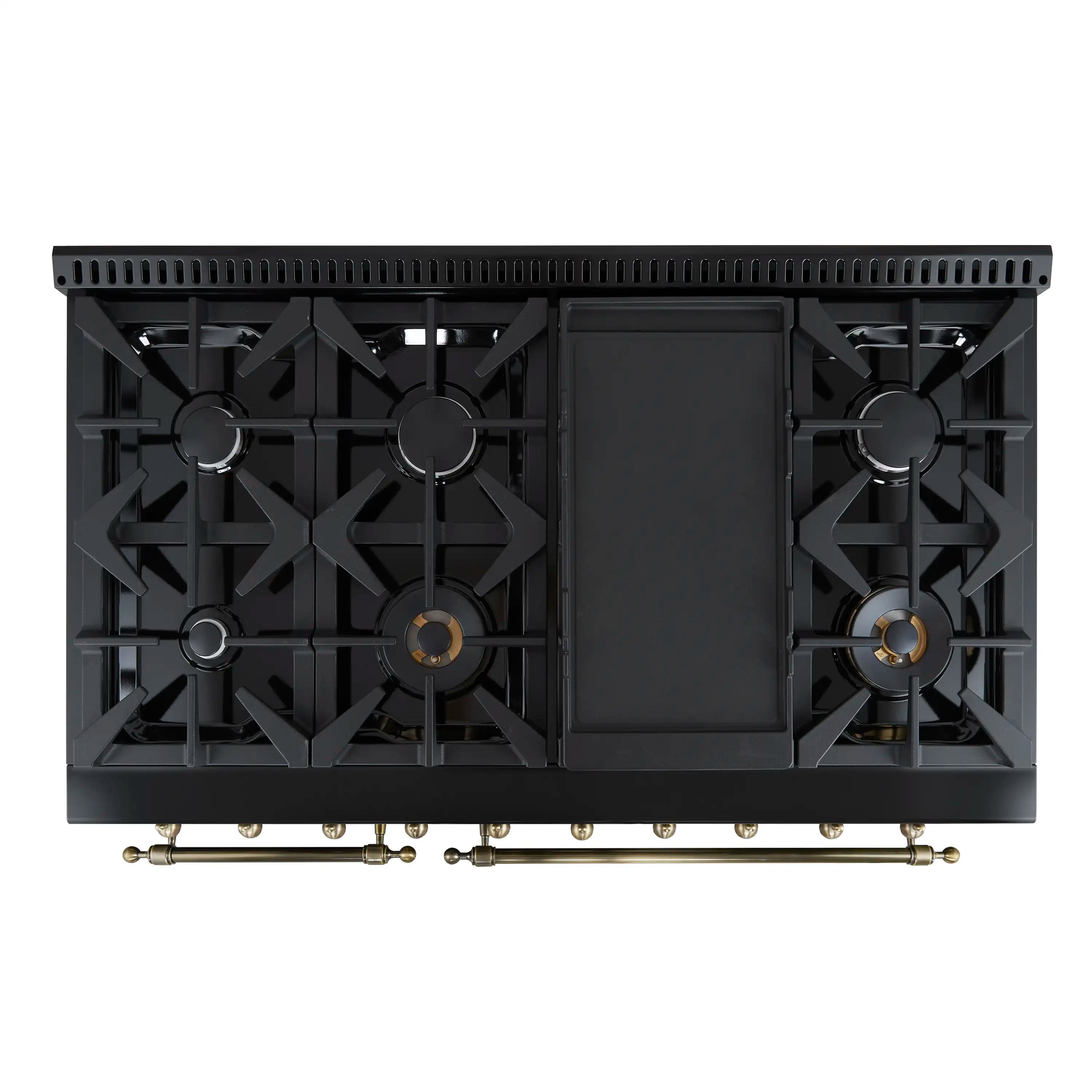 Forno Antico 48-inch Dual Fuel Range with 8 Gas Burner Cooktop and 5.5 Cu.Ft. Electric Convection Oven in Black with Antique Brass Trim (FFSGS6113-48BLK)