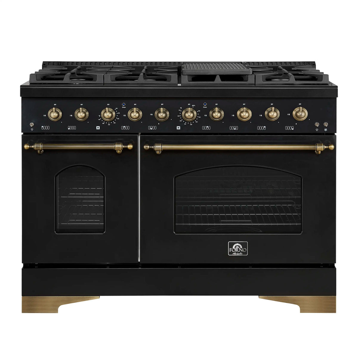 Forno 4-Piece Appliance Package - 48-Inch Gas Range, 60-Inch Convertible Refrigerator with Modern Grille Trim, Dishwasher, in Black with Antique Brass Trim