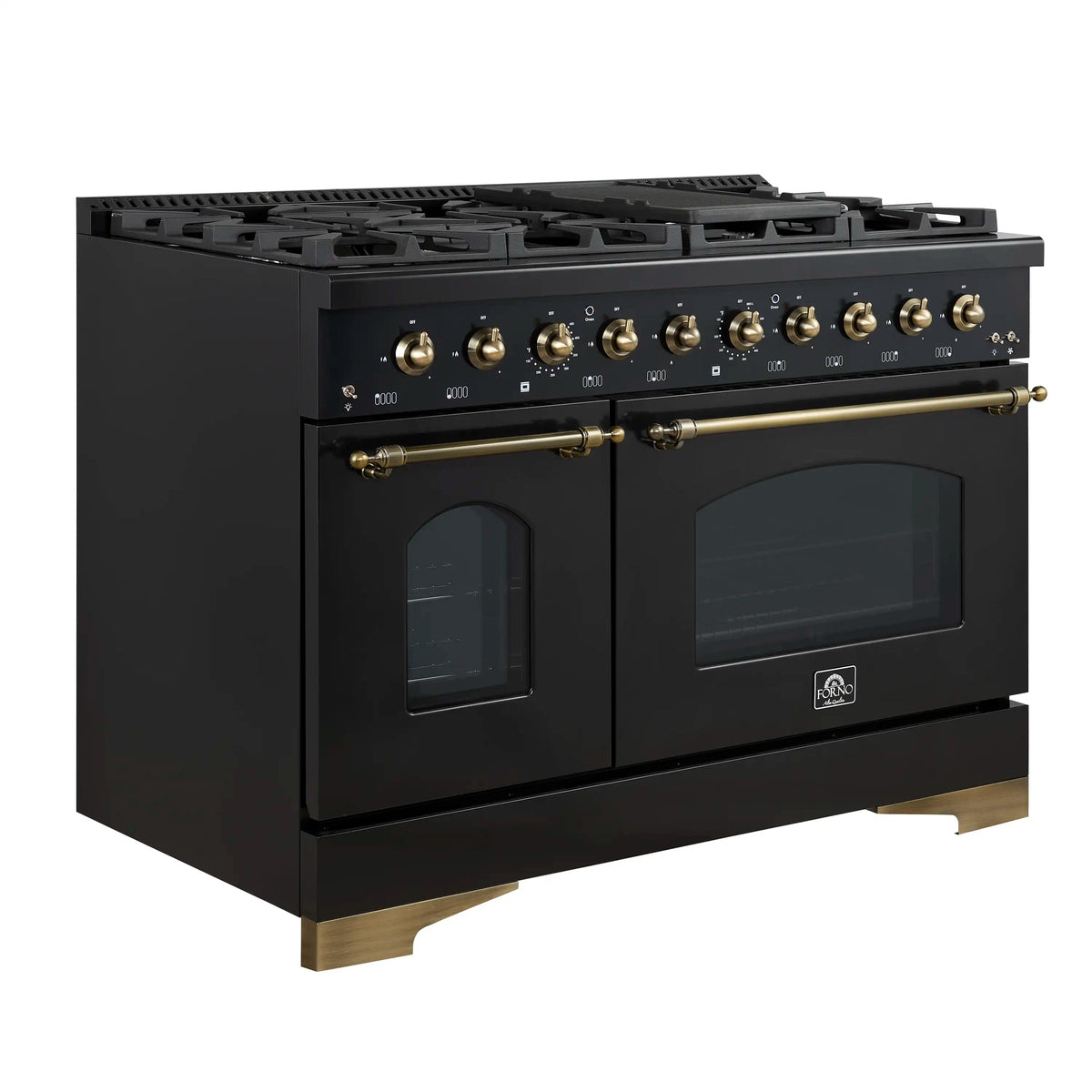 Forno Antico 4-Piece Appliance Package - 48-Inch Gas Range, 48-Inch Hood, 36-Inch Refrigerator, & 24-Inch Dishwasher in Black with Antique Brass Trim