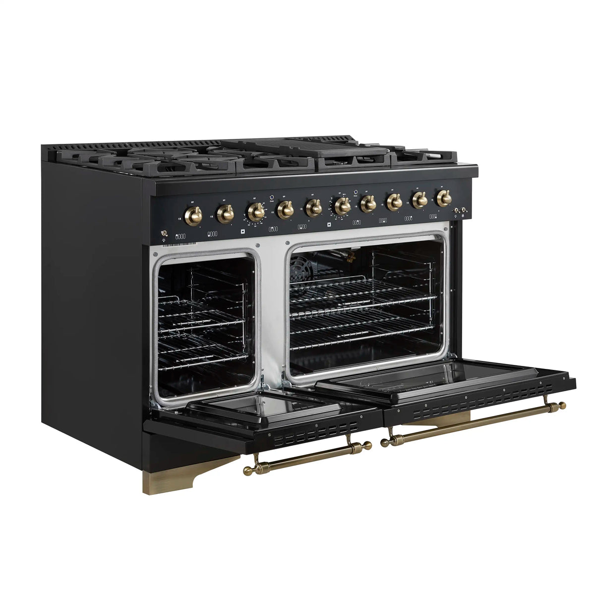 Forno Antico 2-Piece Appliance Package - 48-Inch Gas Range & 48-Inch Wall Mount Range Hood in Black with Antique Brass Trim