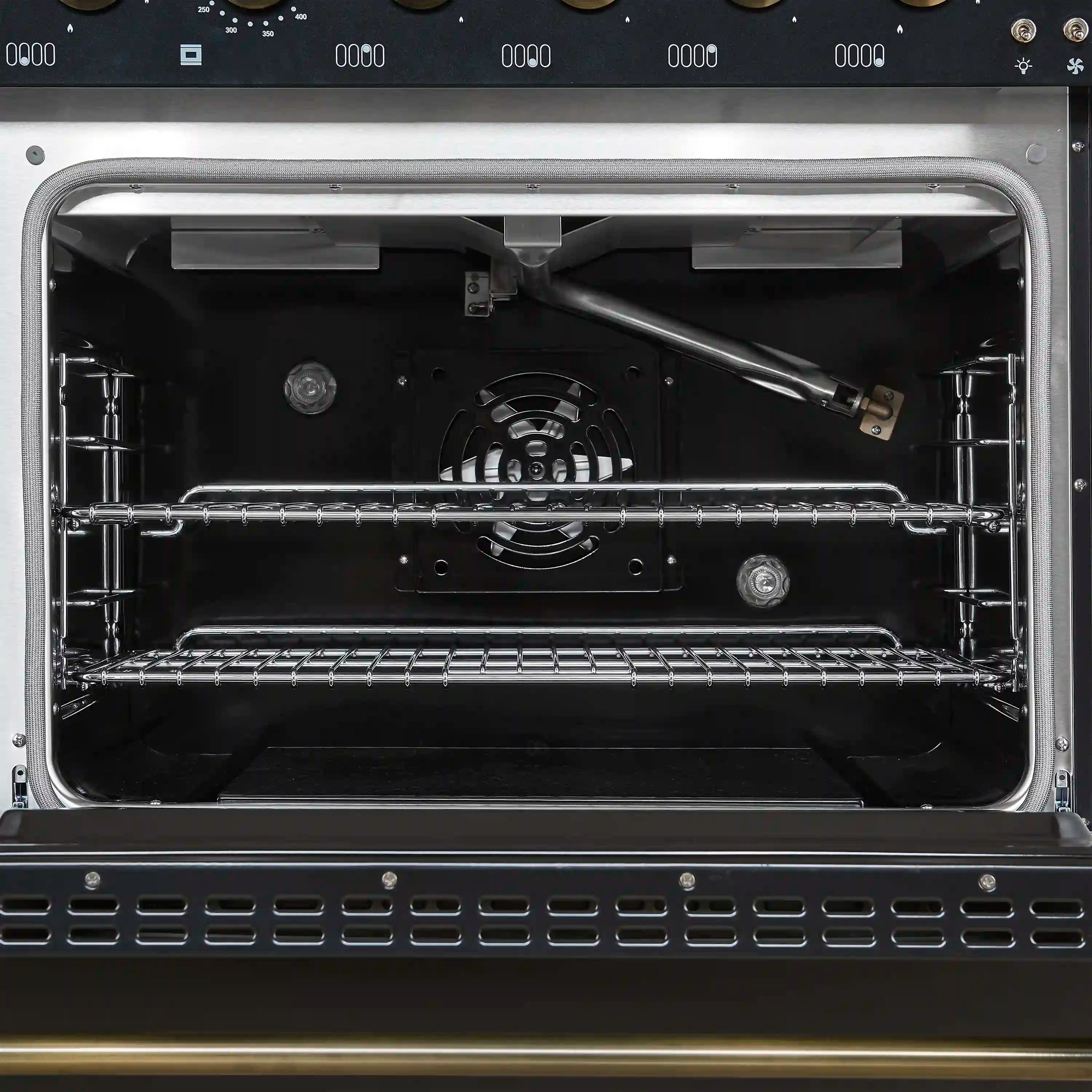 Forno Antico 48-inch Dual Fuel Range with 8 Gas Burner Cooktop and 5.5 Cu.Ft. Electric Convection Oven in Black with Antique Brass Trim (FFSGS6113-48BLK)