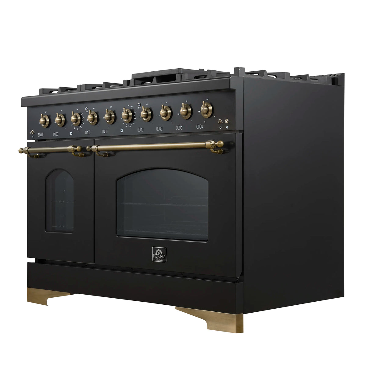 Forno 4-Piece Appliance Package - 48-Inch Gas Range, 60-Inch Convertible Refrigerator with Modern Grille Trim, Dishwasher, and 30-Inch Microwave Drawer in Black with Antique Brass Trim