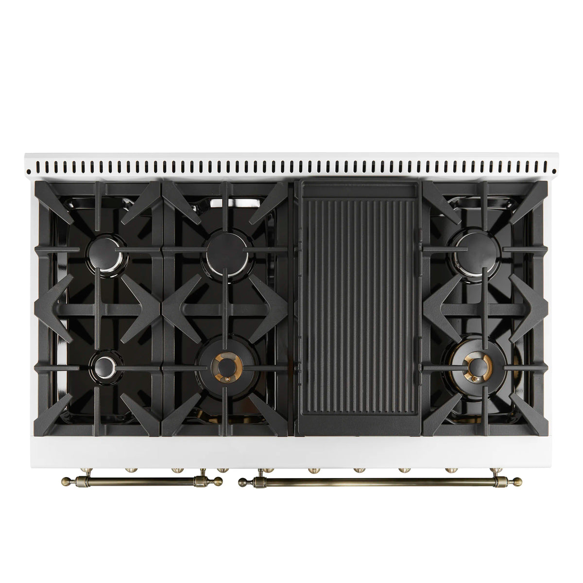 Forno 4-Piece Appliance Package - 48-Inch Antico Dual Fuel Range, Wall Mount Range Hood, 60-Inch Refrigerator, Dishwasher in White with Antique Brass Trim