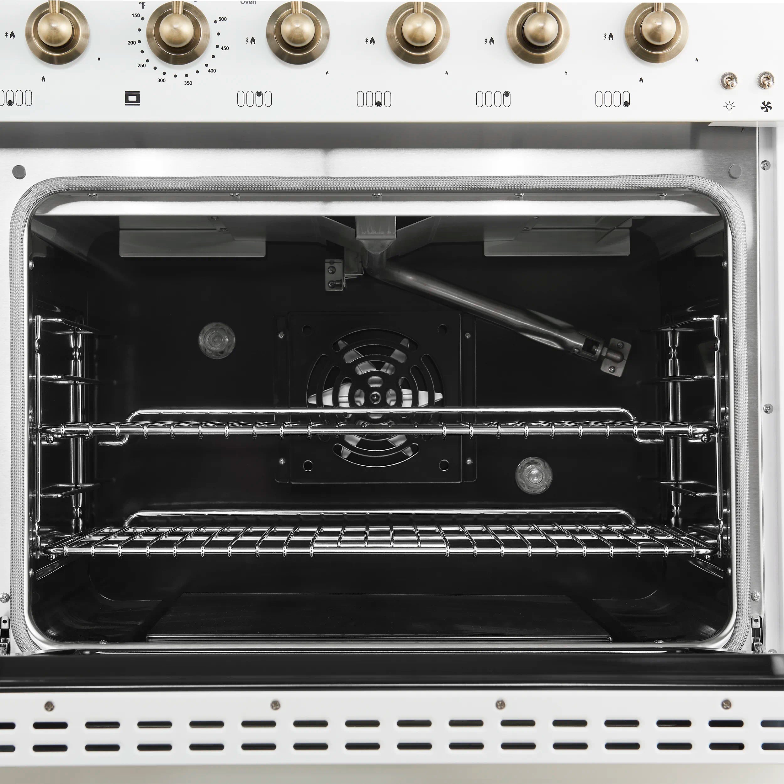 Forno Antico 48-inch Dual Fuel Range with 8 Gas Burner Cooktop and 5.5 Cu.Ft. Electric Convection Oven in White with Antique Brass Trim (FFSGS6113-48WHT)
