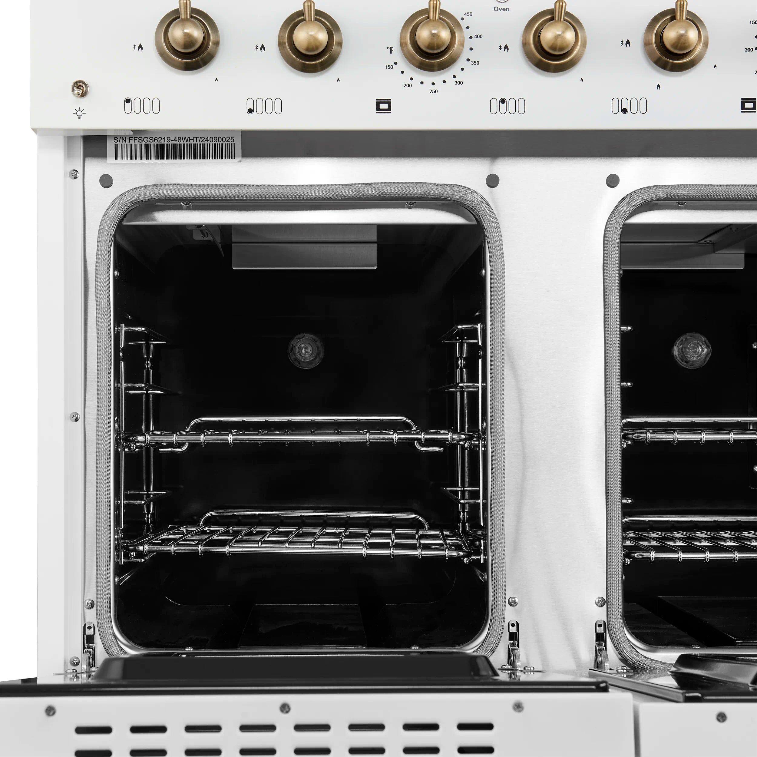 Forno Antico 48-inch Gas Range with 8 Gas Burner Cooktop and 5.5 Cu.Ft. Gas Convection Oven in White with Antique Brass Trim (FFSGS6219-48WHT)