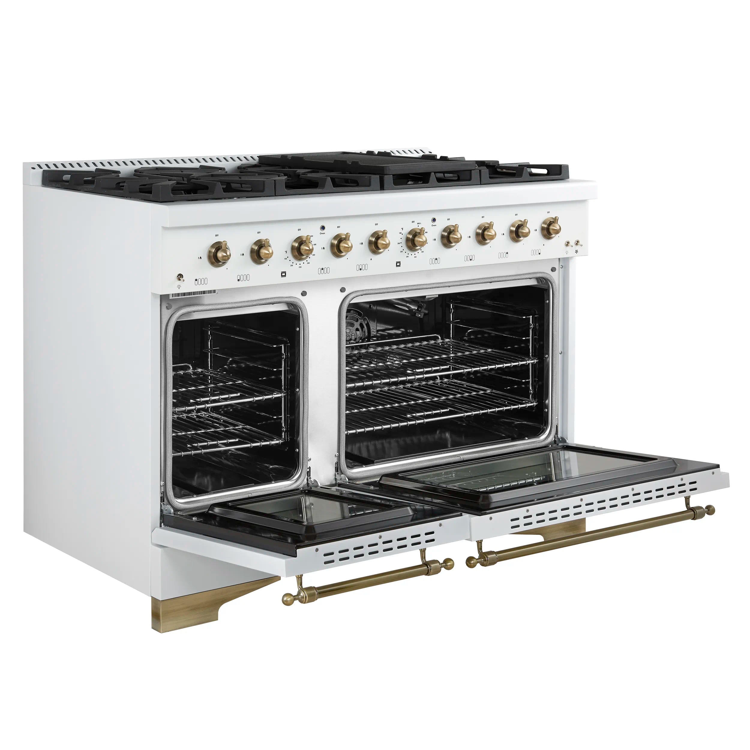 Forno Antico 48-inch Gas Range with 8 Gas Burner Cooktop and 5.5 Cu.Ft. Gas Convection Oven in White with Antique Brass Trim (FFSGS6219-48WHT)