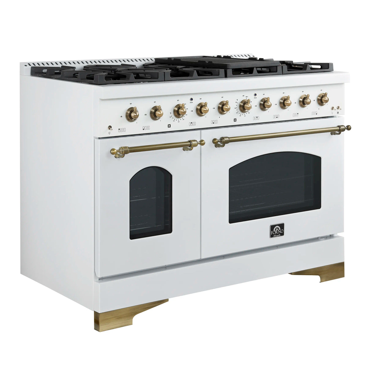 Forno 3-Piece Appliance Package - 48-Inch Antico Gas Range, 60-Inch Refrigerator, Dishwasher in White with Antique Brass Trim