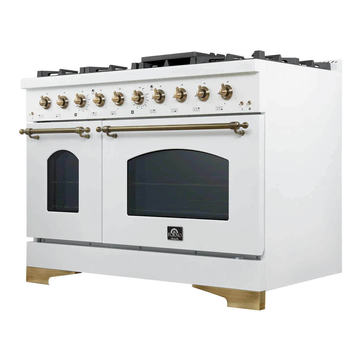 Forno 4-Piece Appliance Package - 48-Inch Antico Dual Fuel Range, Wall Mount Range Hood, 60-Inch Refrigerator, Dishwasher in White with Antique Brass Trim