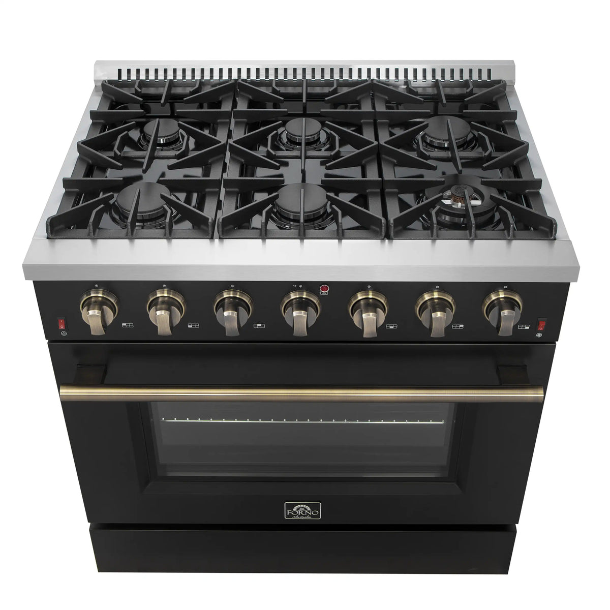 Forno Galiano 5-Piece Appliance Package - 36-Inch Gas Range, 36-Inch Hood, 36-Inch Refrigerator, 24-Inch Dishwasher, & 24-Inch Microwave Oven in Black with Antique Brass Trim