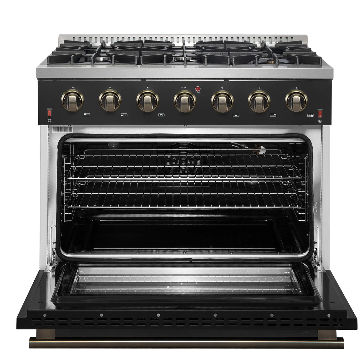Forno Galiano 5-Piece Appliance Package - 36-Inch Gas Range, 36-Inch Hood, 36-Inch Refrigerator, 24-Inch Dishwasher, & 24-Inch Microwave Oven in Black with Antique Brass Trim