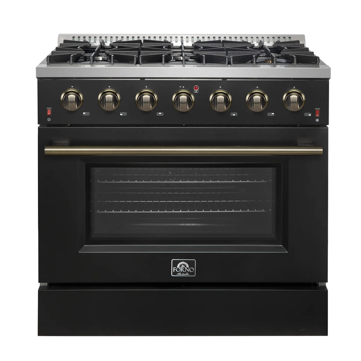 Forno 5-Piece Appliance Package - 36-Inch Gas Range, Wall Mount Range Hood, 60-Inch Convertible Refrigerator with Modern Trim, Dishwasher, and 30-Inch Microwave Drawer in Black with Antique Brass Trim
