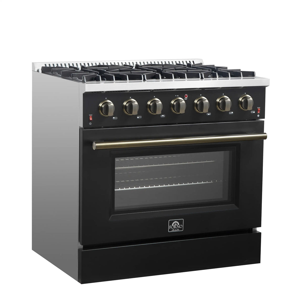 Forno 5-Piece Appliance Package - 36-Inch Gas Range, Wall Mount Range Hood, 60-Inch Convertible Refrigerator with Modern Trim, Dishwasher, and 24-Inch Microwave Drawer in Black with Antique Brass Trim