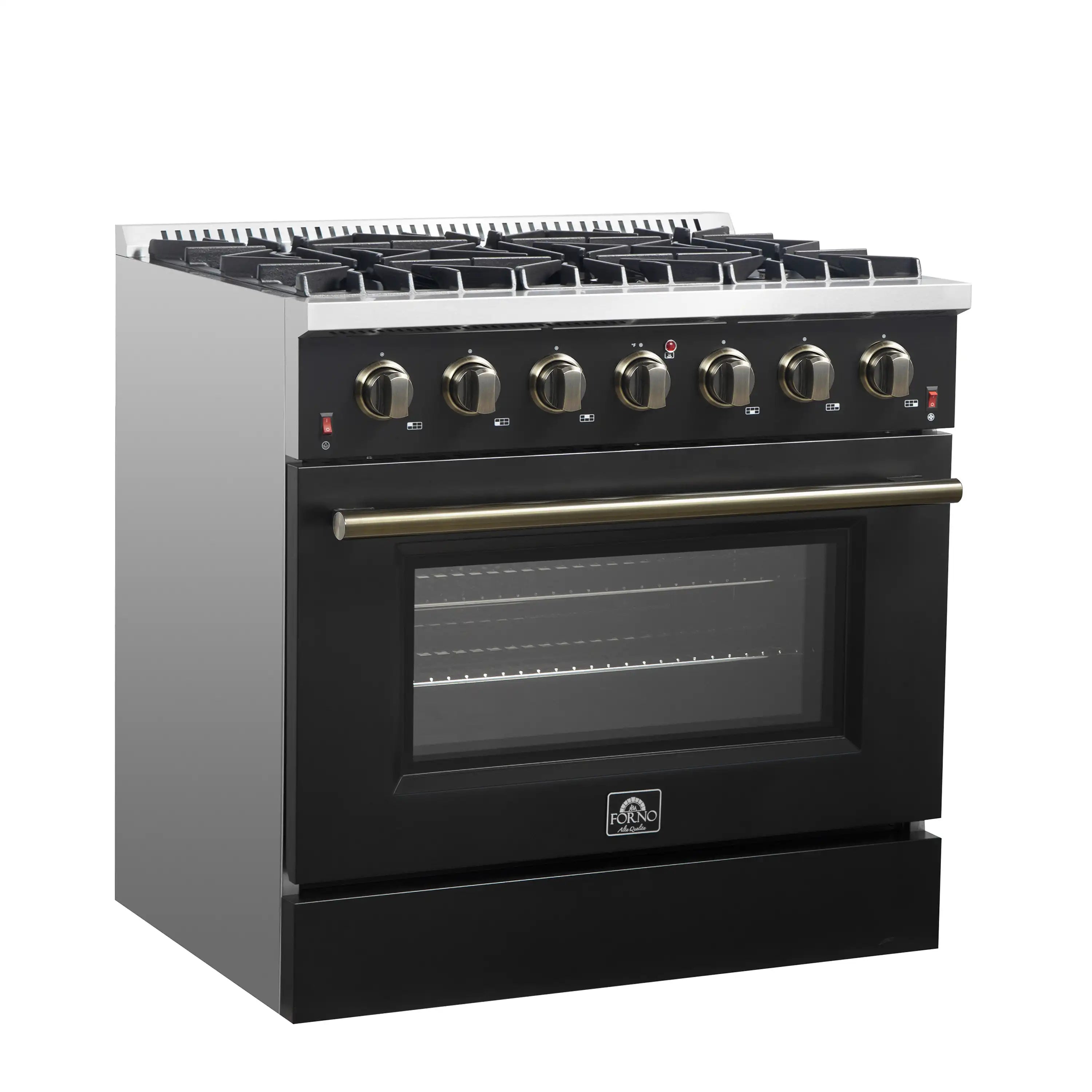 Forno Galiano 36-Inch Gas Range with 6 Burners and 5.36 Cu.Ft. Convection Oven in Black with Antique Brass Trim (FFSGS6244-36BLK)