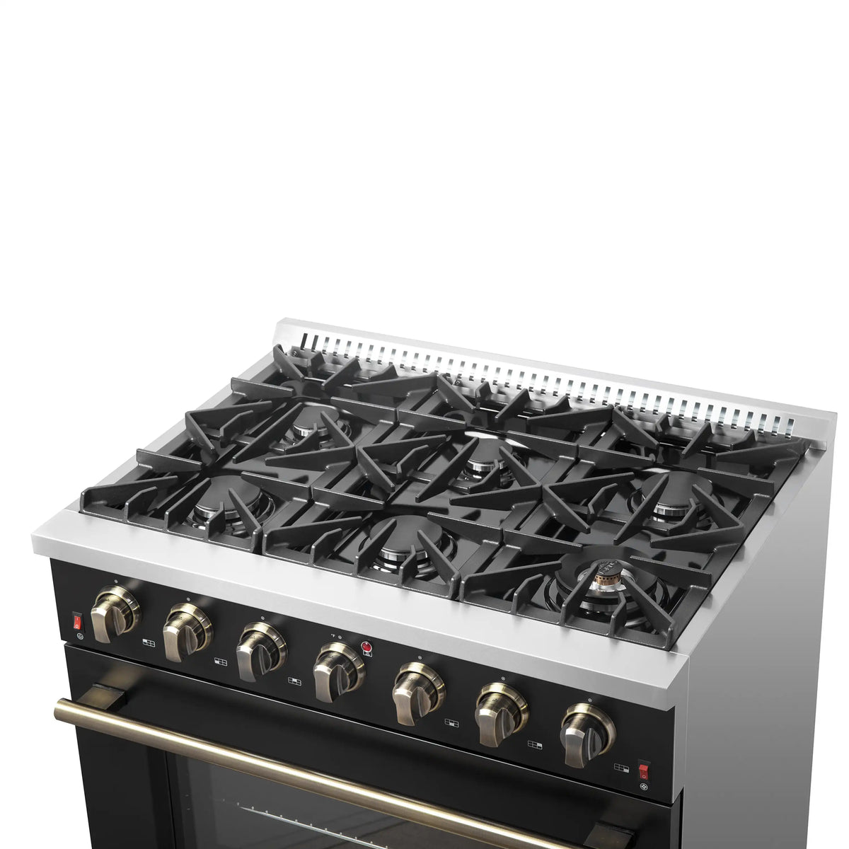 Forno Galiano 5-Piece Appliance Package - 36-Inch Gas Range, 36-Inch Hood, 36-Inch Refrigerator, 24-Inch Dishwasher, & 24-Inch Microwave Oven in Black with Antique Brass Trim
