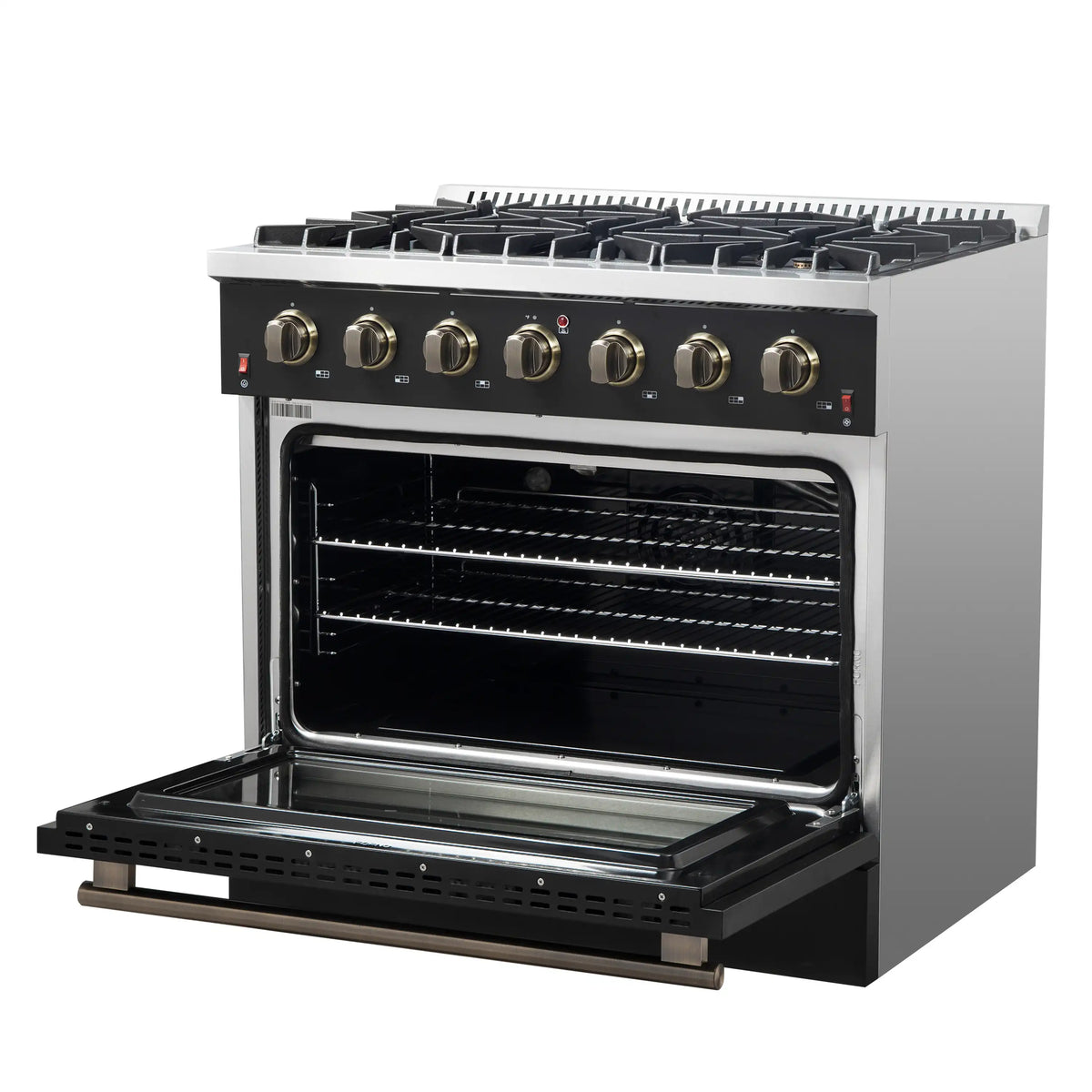 Forno 5-Piece Appliance Package - 36-Inch Gas Range, Wall Mount Range Hood, 60-Inch Convertible Refrigerator with Modern Trim, Dishwasher, and 30-Inch Microwave Oven in Black with Antique Brass Trim