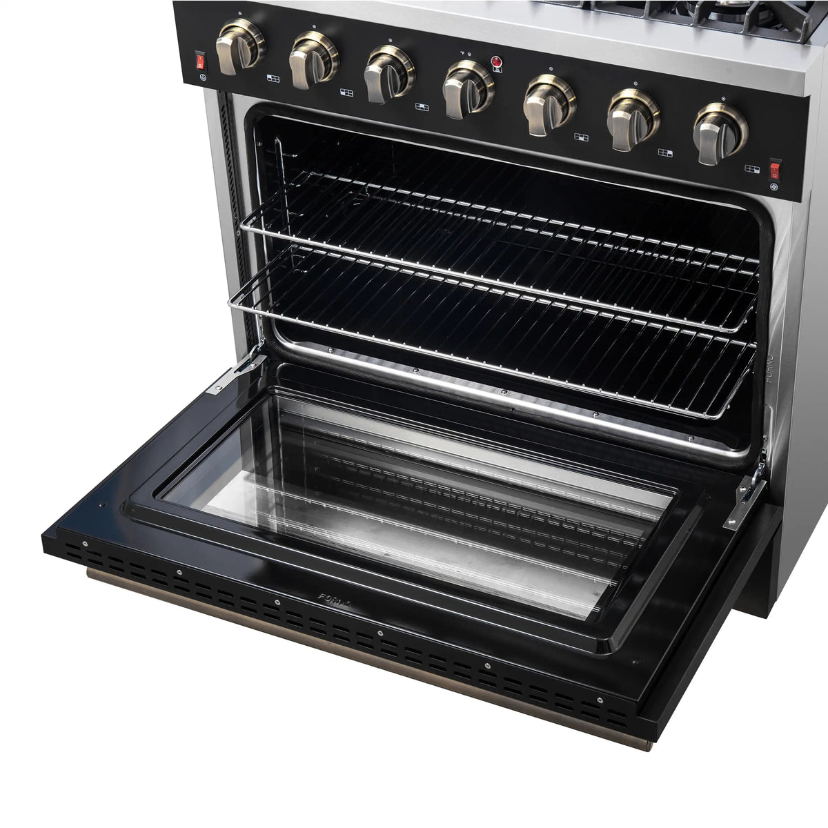Forno Galiano 5-Piece Appliance Package - 36-Inch Gas Range, 36-Inch Hood, 36-Inch Refrigerator, 24-Inch Dishwasher, & 24-Inch Microwave Drawer in Black with Antique Brass Trim