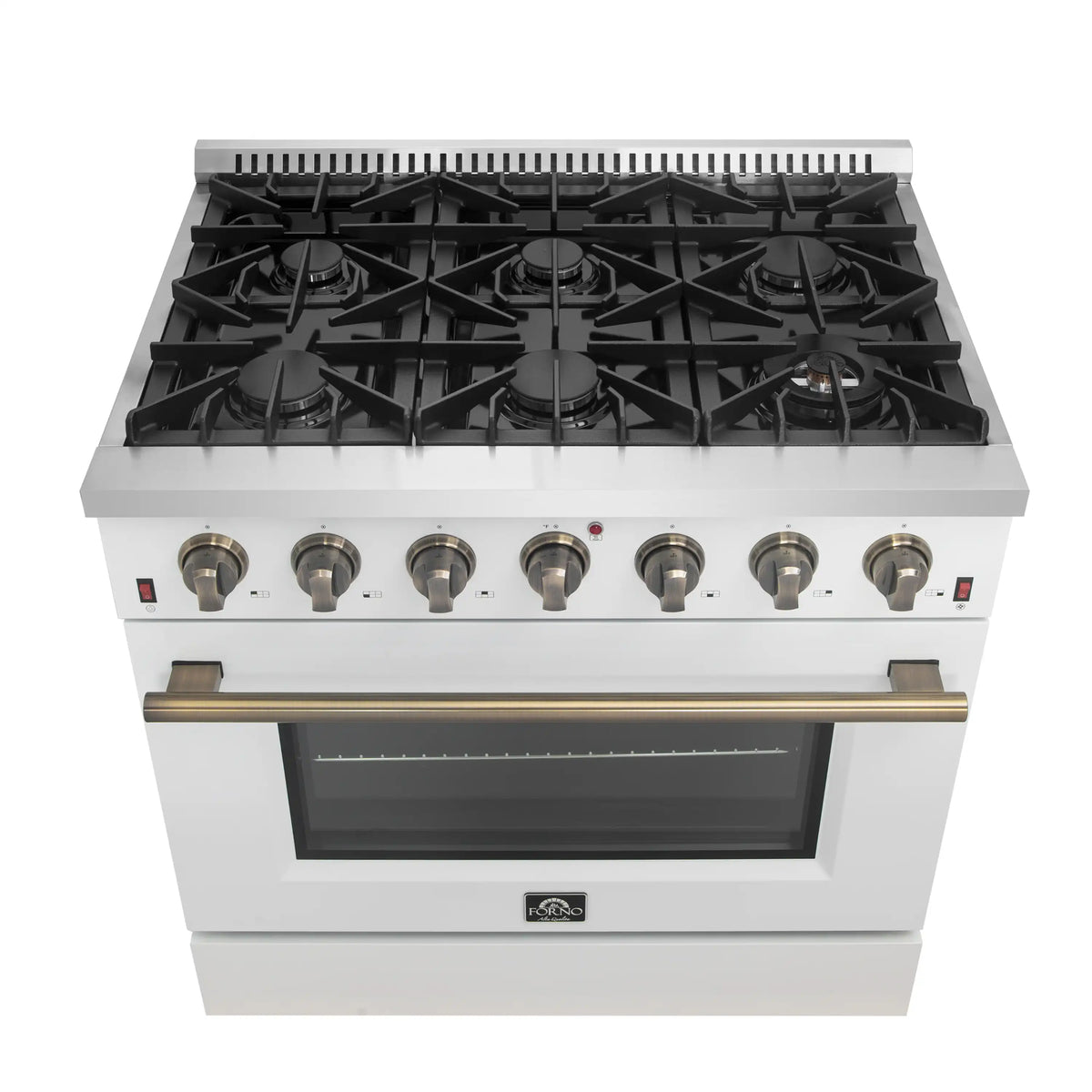 Forno Galiano 5-Piece Appliance Package - 36-Inch Gas Range, 36-Inch Hood, 36-Inch Refrigerator, 24-Inch Dishwasher, & 30-Inch Microwave Oven in White with Antique Brass Trim