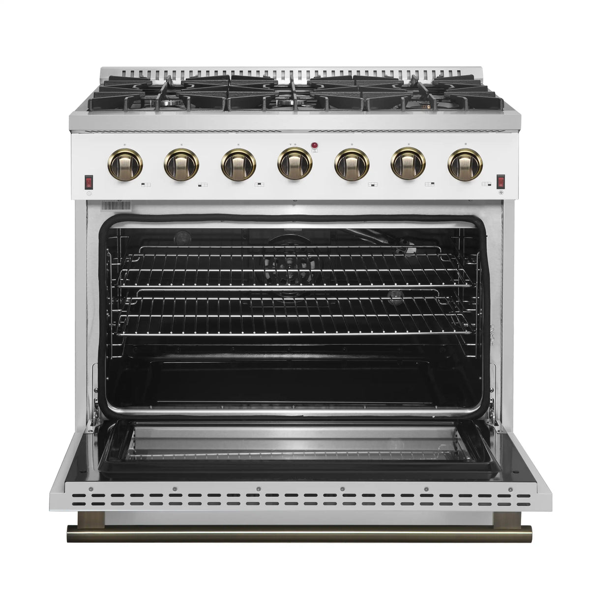 Forno 4-Piece Appliance Package - 36-Inch Gas Range, 60-Inch Refrigerator, Dishwasher, & 30-Inch Microwave Drawer in White with Antique Brass Trim