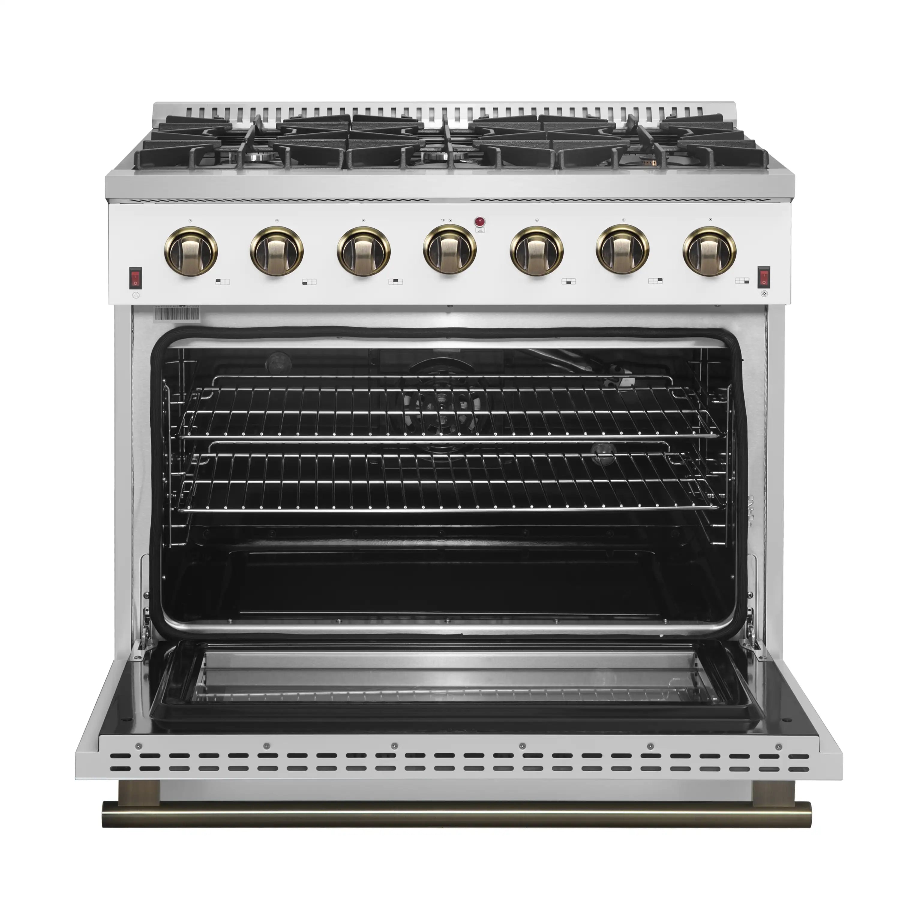 Forno Galiano 36-Inch Gas Range with 6 Burners and 5.36 Cu.Ft. Convection Oven in White with Antique Brass Trim (FFSGS6244-36WHT)