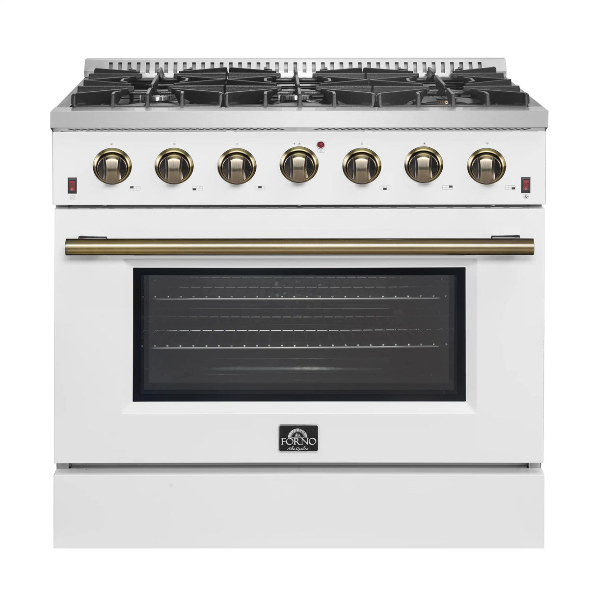 Forno 4-Piece Appliance Package - 36-Inch Gas Range, 60-Inch Refrigerator, Dishwasher, & 30-Inch Microwave Drawer in White with Antique Brass Trim