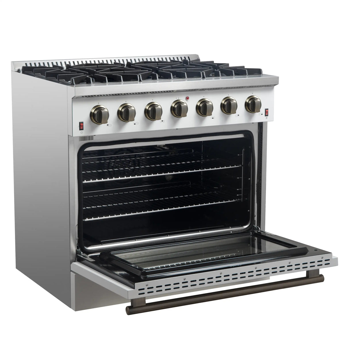 Forno Galiano 5-Piece Appliance Package - 36-Inch Gas Range, 36-Inch Hood, 36-Inch Refrigerator, 24-Inch Dishwasher, & 24-Inch Microwave Drawer in White with Antique Brass Trim