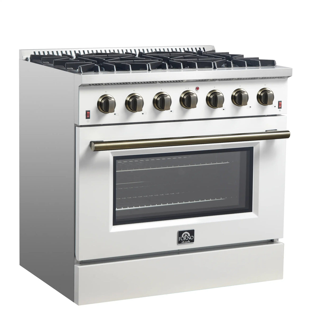 Forno 4-Piece Appliance Package - 36-Inch Gas Range, 60-Inch Refrigerator, Dishwasher, & 30-Inch Microwave Drawer in White with Antique Brass Trim