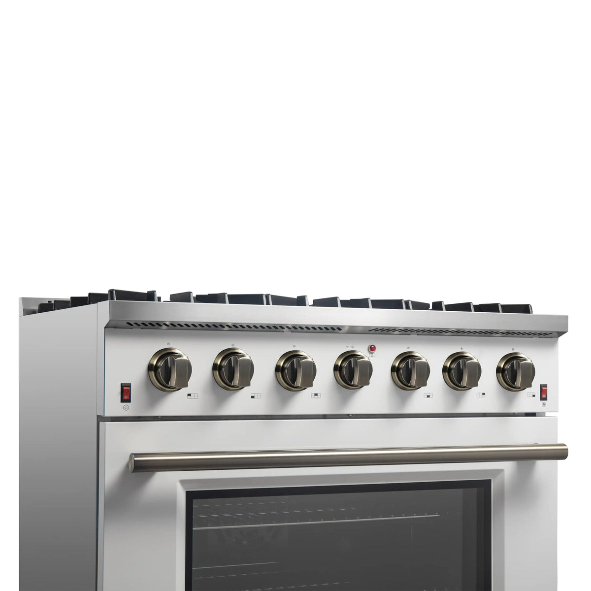 Forno 5-Piece Appliance Package - 36-Inch Gas Range, Wall Mount Range Hood, 60-Inch Refrigerator, Dishwasher, and 30-Inch Microwave Drawer in White with Antique Brass Trim