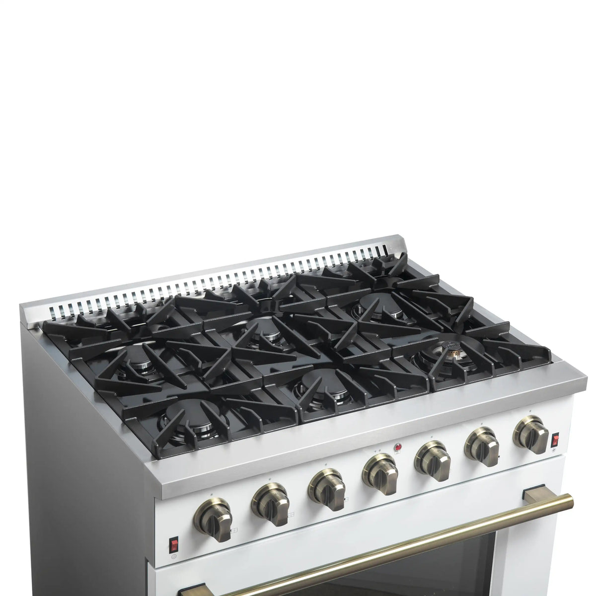 Forno 5-Piece Appliance Package - 36-Inch Gas Range, Wall Mount Range Hood, 60-Inch Refrigerator, Dishwasher, and 24-Inch Microwave Drawer in White with Antique Brass Trim