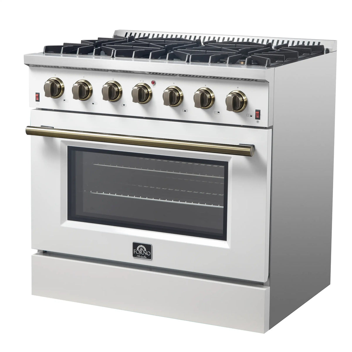 Forno Galiano 2-Piece Appliance Package - 36-Inch Gas Range & 36-Inch Wall Mount Range Hood in White with Antique Brass Trim
