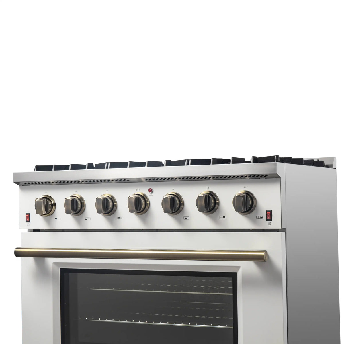 Forno Galiano 5-Piece Appliance Package - 36-Inch Gas Range, 36-Inch Hood, 36-Inch Refrigerator, 24-Inch Dishwasher, & 24-Inch Microwave Drawer in White with Antique Brass Trim