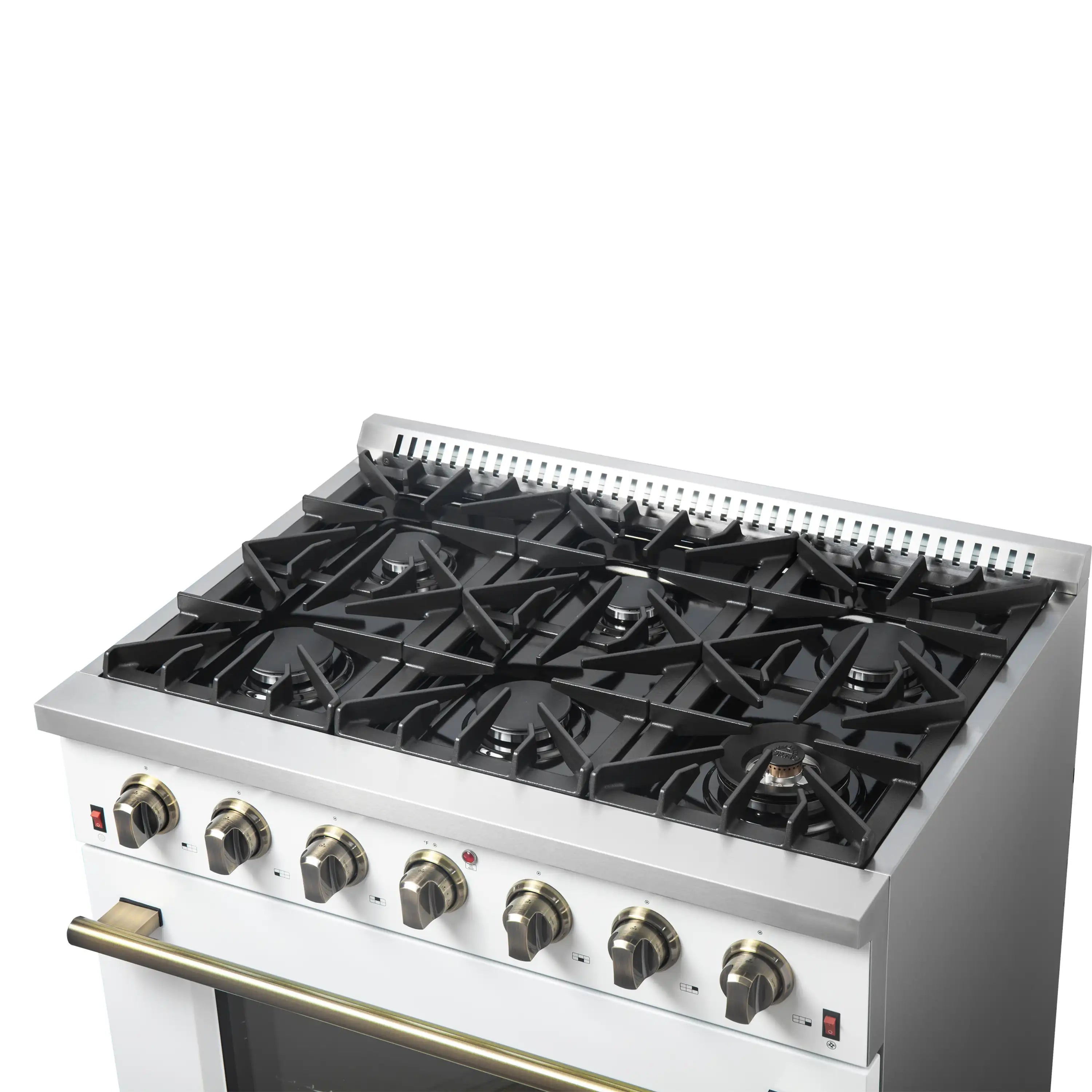 Forno Galiano 36-Inch Gas Range with 6 Burners and 5.36 Cu.Ft. Convection Oven in White with Antique Brass Trim (FFSGS6244-36WHT)