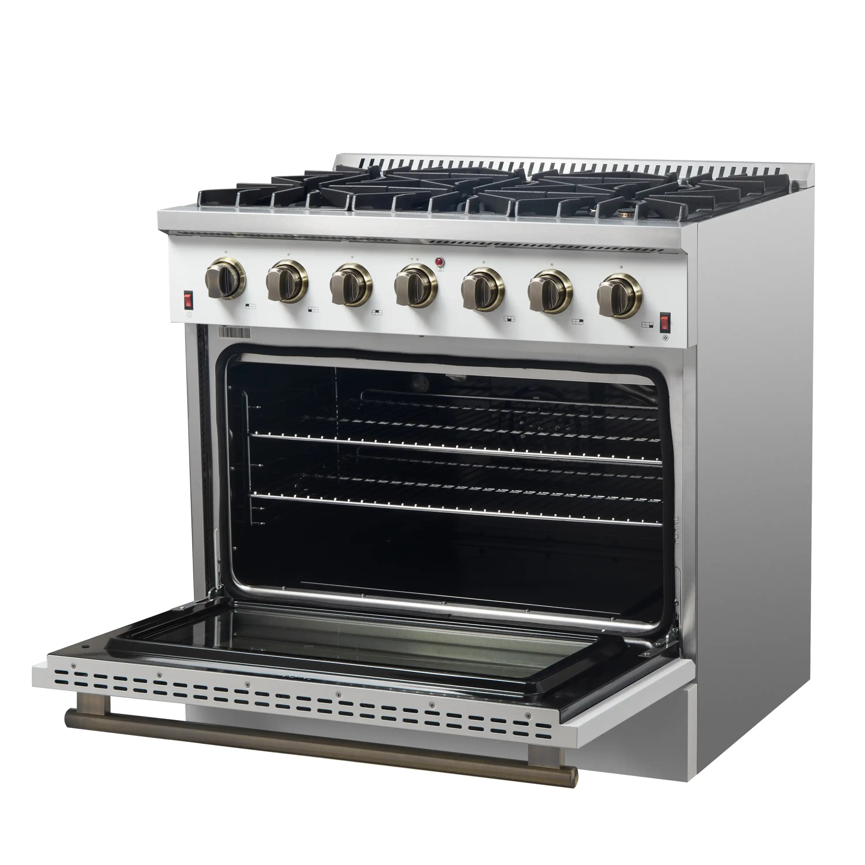 Forno Galiano 36-Inch Gas Range with 6 Burners and 5.36 Cu.Ft. Convection Oven in White with Antique Brass Trim (FFSGS6244-36WHT)