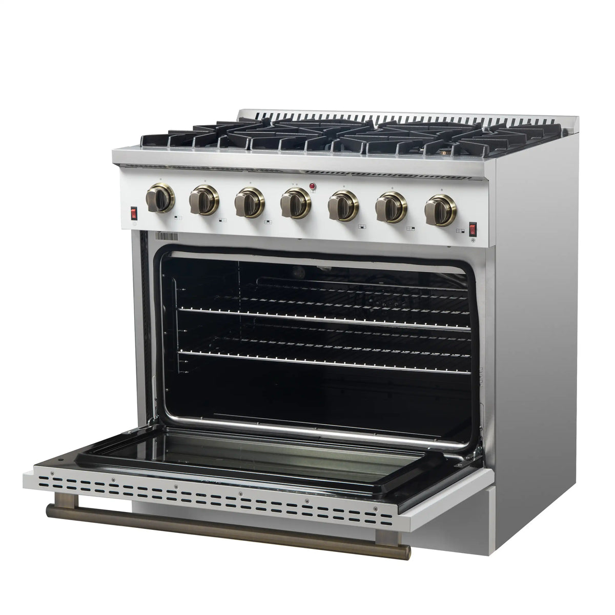 Forno 4-Piece Appliance Package - 36-Inch Gas Range, 60-Inch Refrigerator, Dishwasher, & 30-Inch Microwave Drawer in White with Antique Brass Trim