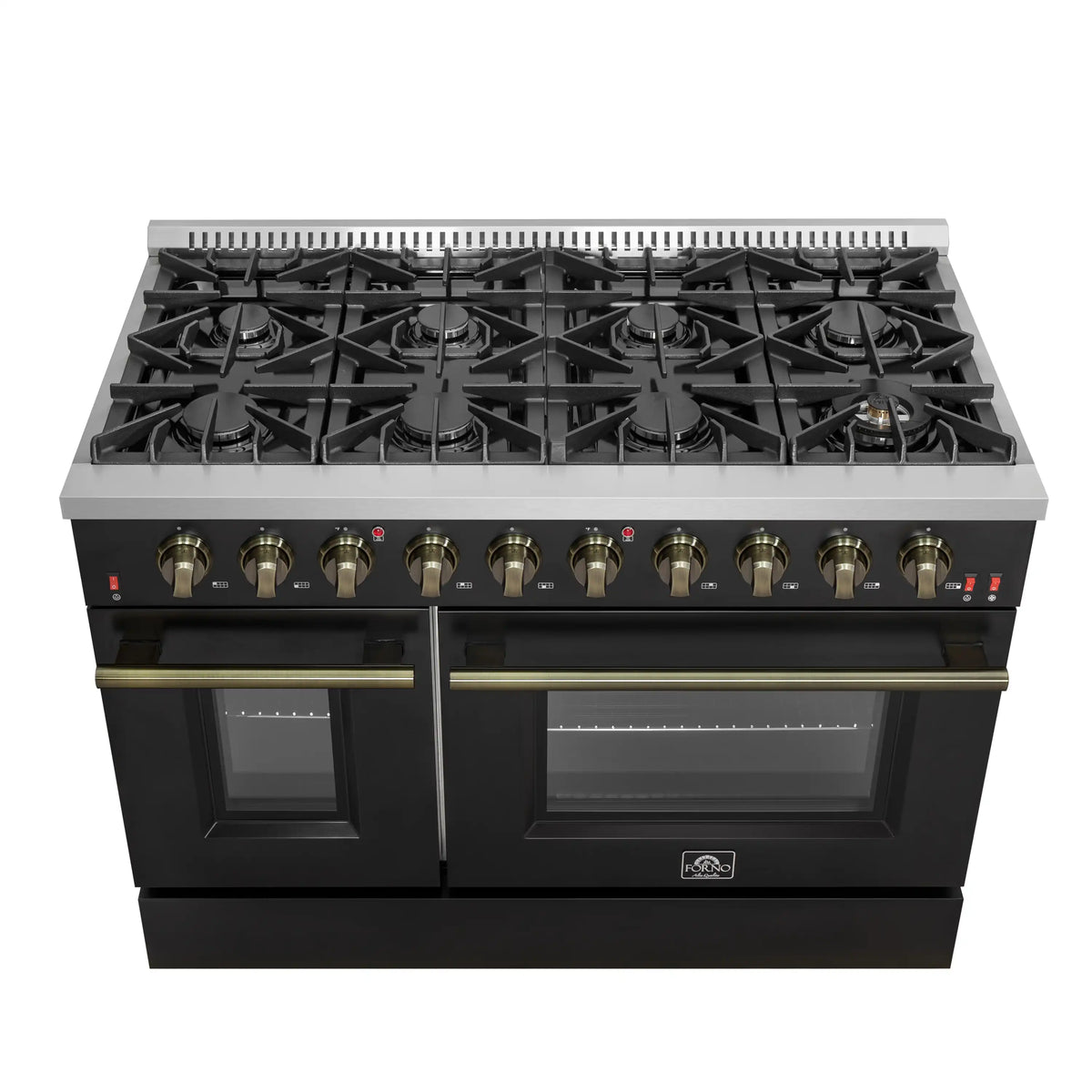 Forno 4-Piece Appliance Package - 48-Inch Gas Range, 60-Inch Convertible Refrigerator with Modern Trim, Dishwasher, and 24-Inch Microwave Oven in Black with Antique Brass Trim