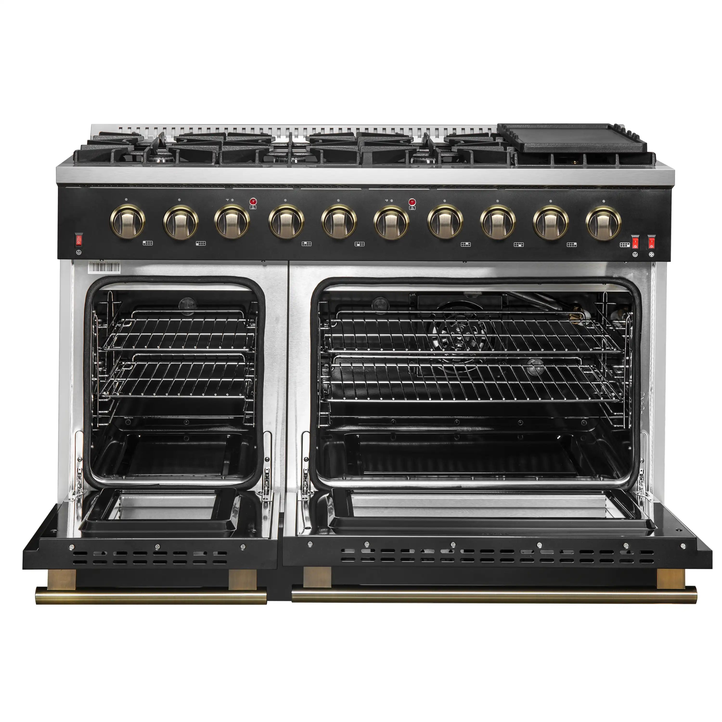Forno Galiano 48-Inch Gas Range with 8 Burners and  6.58 Cu.Ft. Double Convection Oven in Black with Antique Brass Trim (FFSGS6244-48BLK)