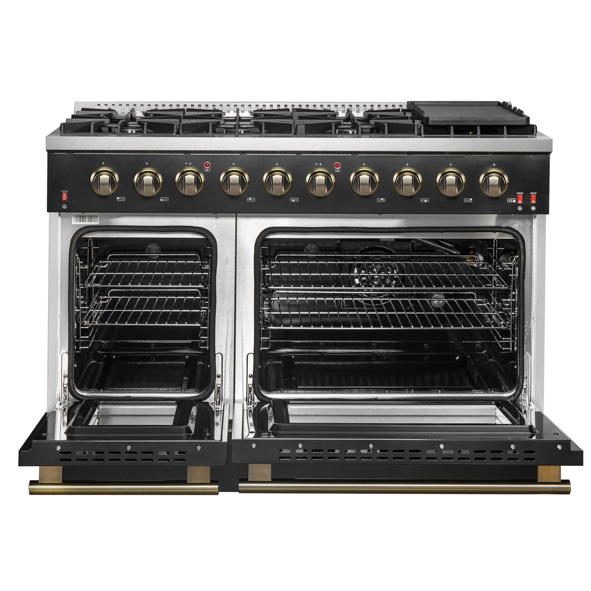 Forno 4-Piece Appliance Package - 48-Inch Gas Range, 60-Inch Convertible Refrigerator with Modern Trim, Dishwasher, and 24-Inch Microwave Oven in Black with Antique Brass Trim