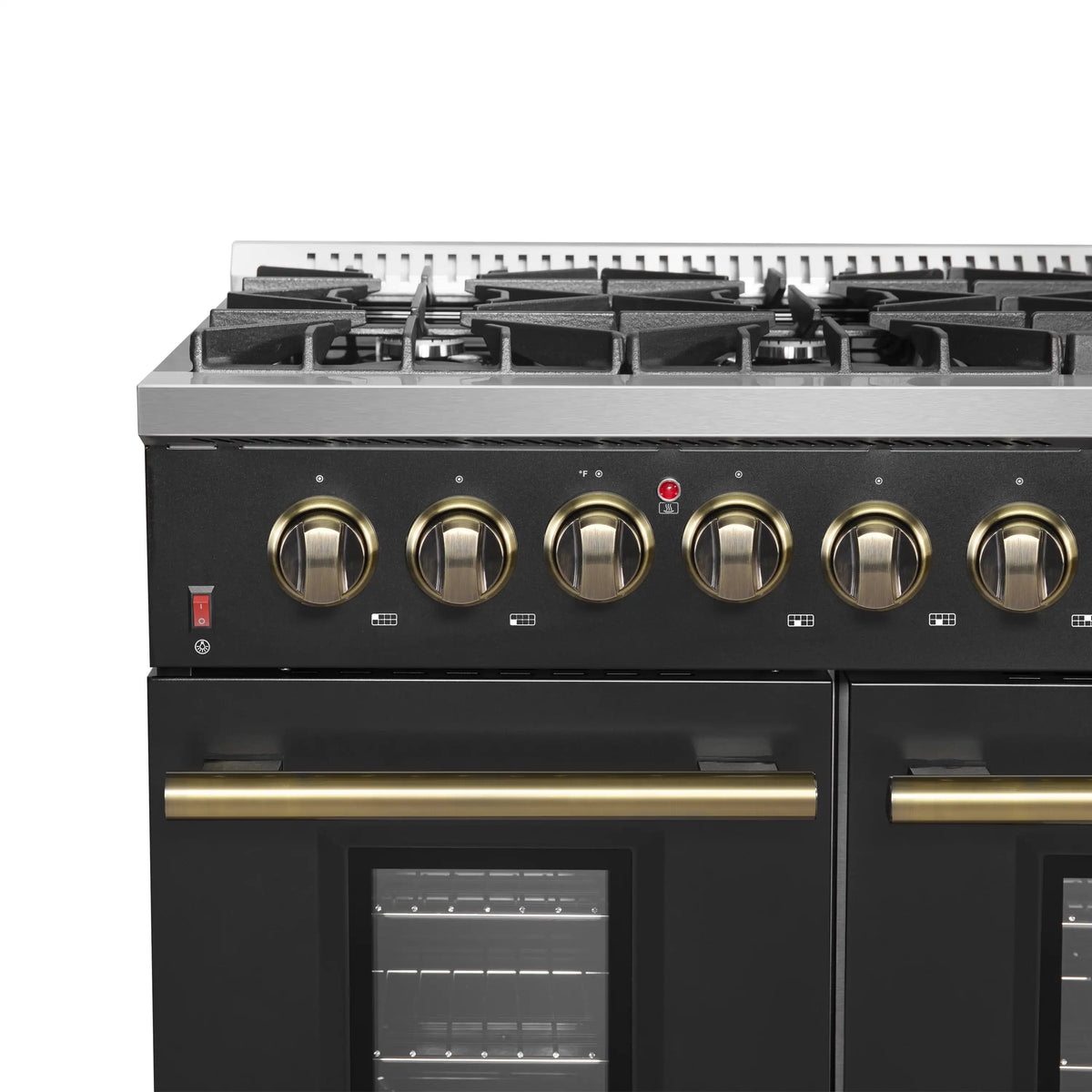Forno 4-Piece Appliance Package - 48-Inch Gas Range, 60-Inch Convertible Refrigerator with Modern Trim, Dishwasher, and 24-Inch Microwave Oven in Black with Antique Brass Trim