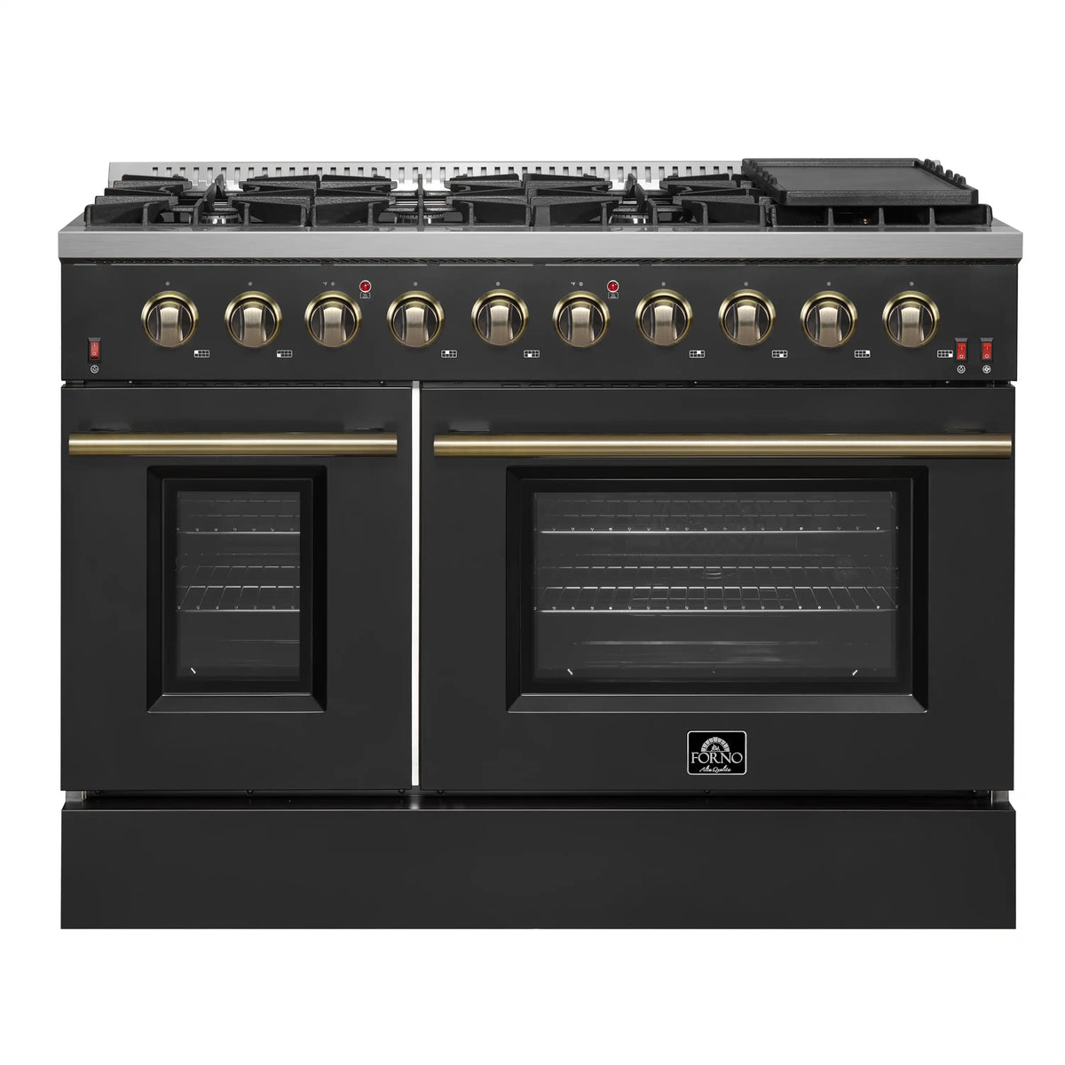 Forno 5-Piece Appliance Package - 48-Inch Gas Range, 60-Inch Convertible Refrigerator with Modern Trim, Dishwasher, and 24-Inch Microwave Drawer in Black with Antique Brass Trim